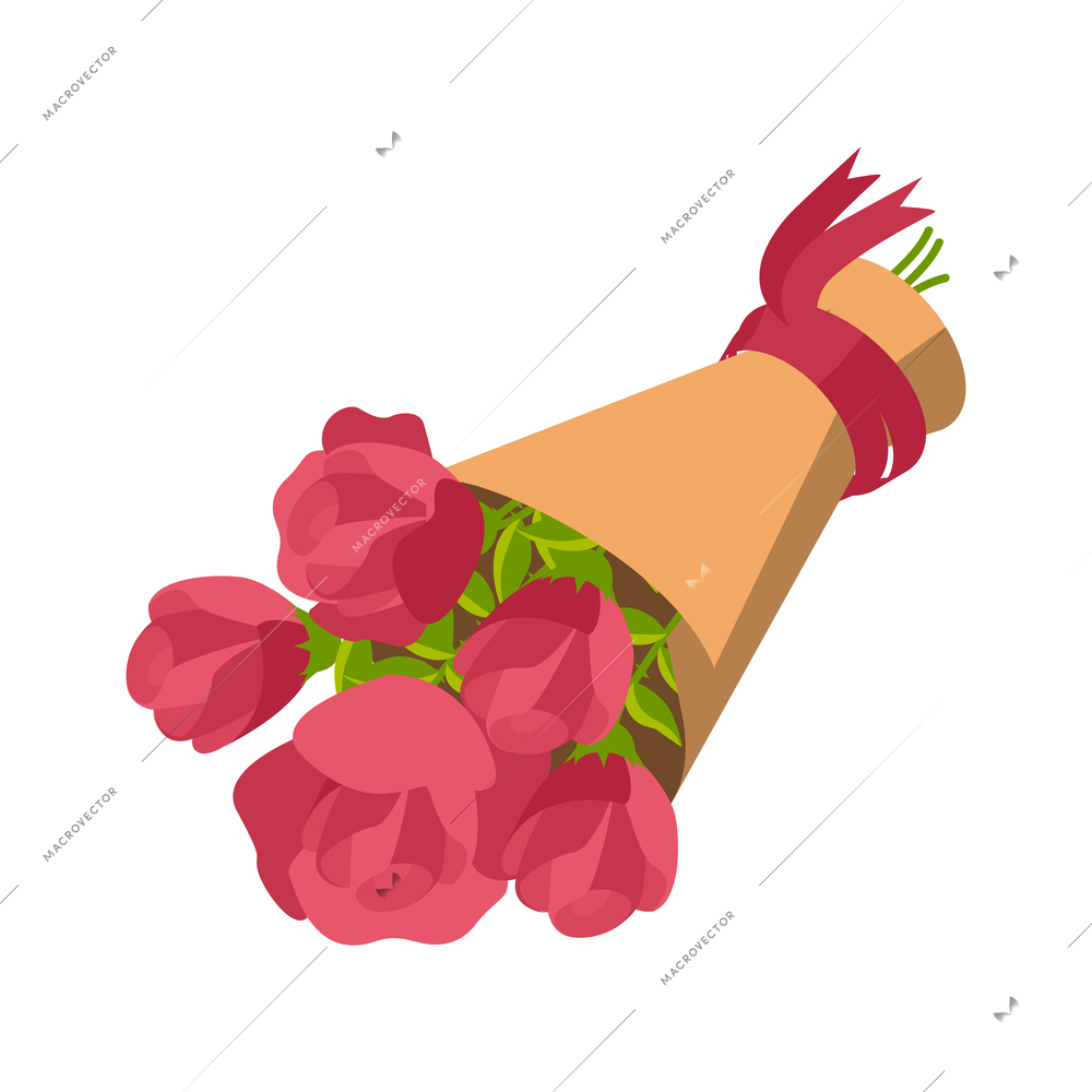 Flower shop florist icons isometric composition with isolated image of red rose flowers bunch rolled in paper vector illustration