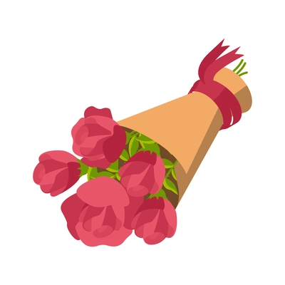 Flower shop florist icons isometric composition with isolated image of red rose flowers bunch rolled in paper vector illustration