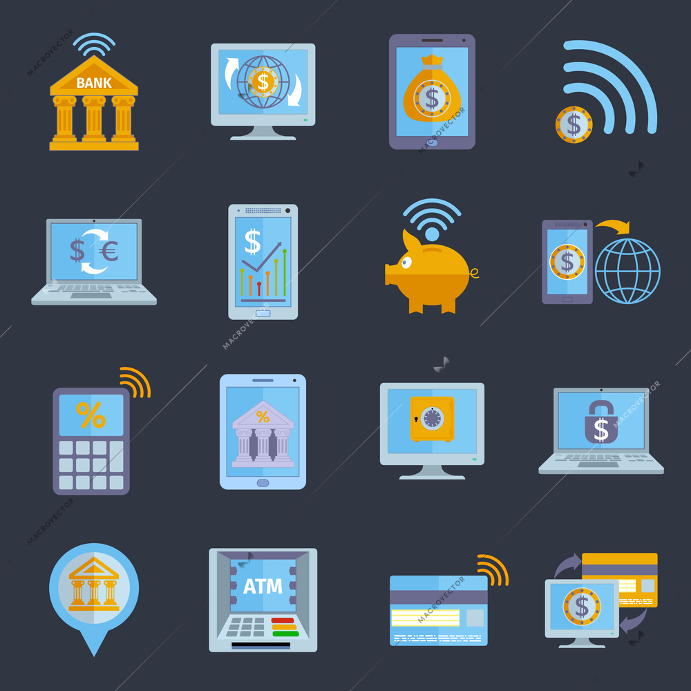 Mobile banking icons set with electronic devices and finance services applications isolated vector illustration