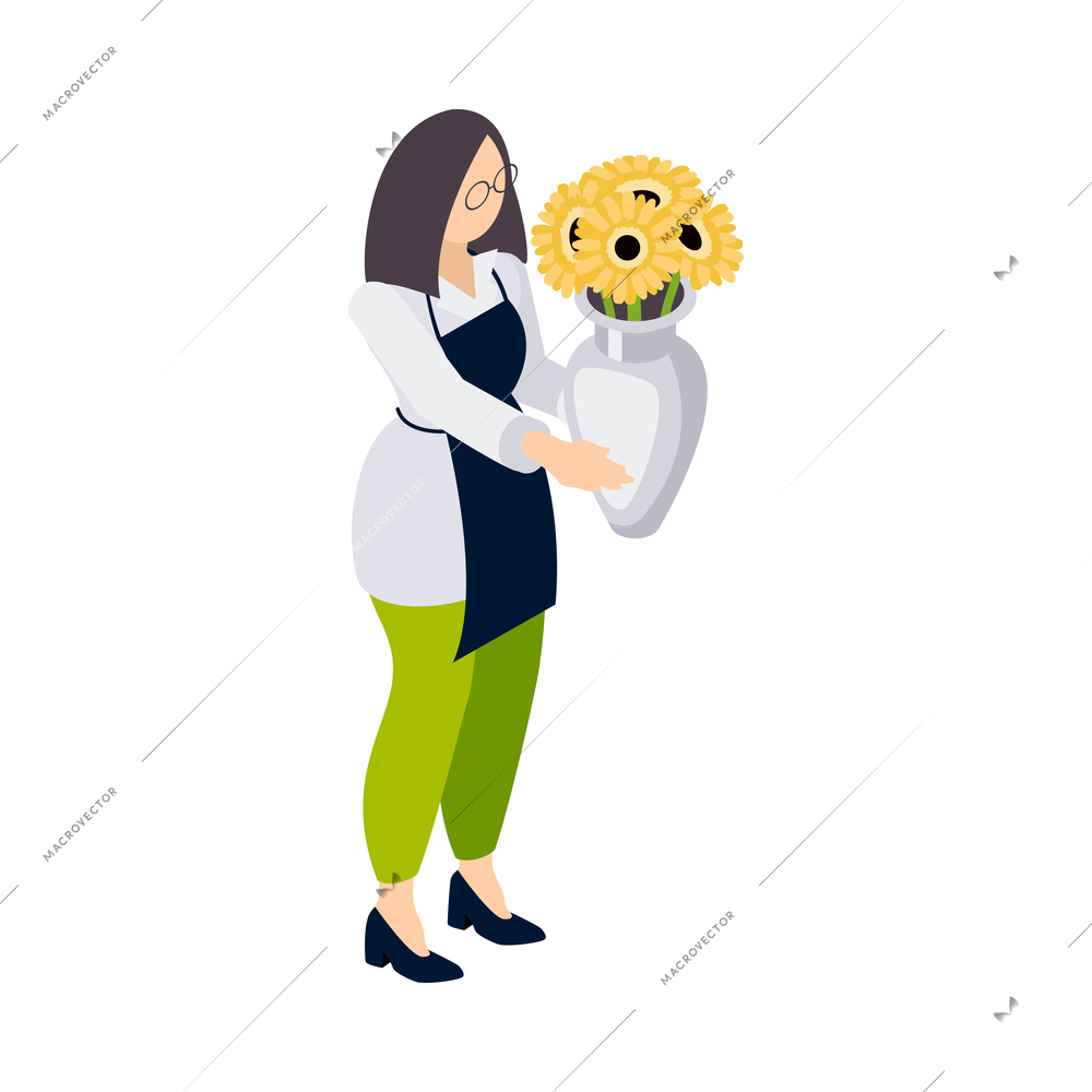 Flower shop florist icons isometric composition with female character of florist holding vase with yellow flowers vector illustration