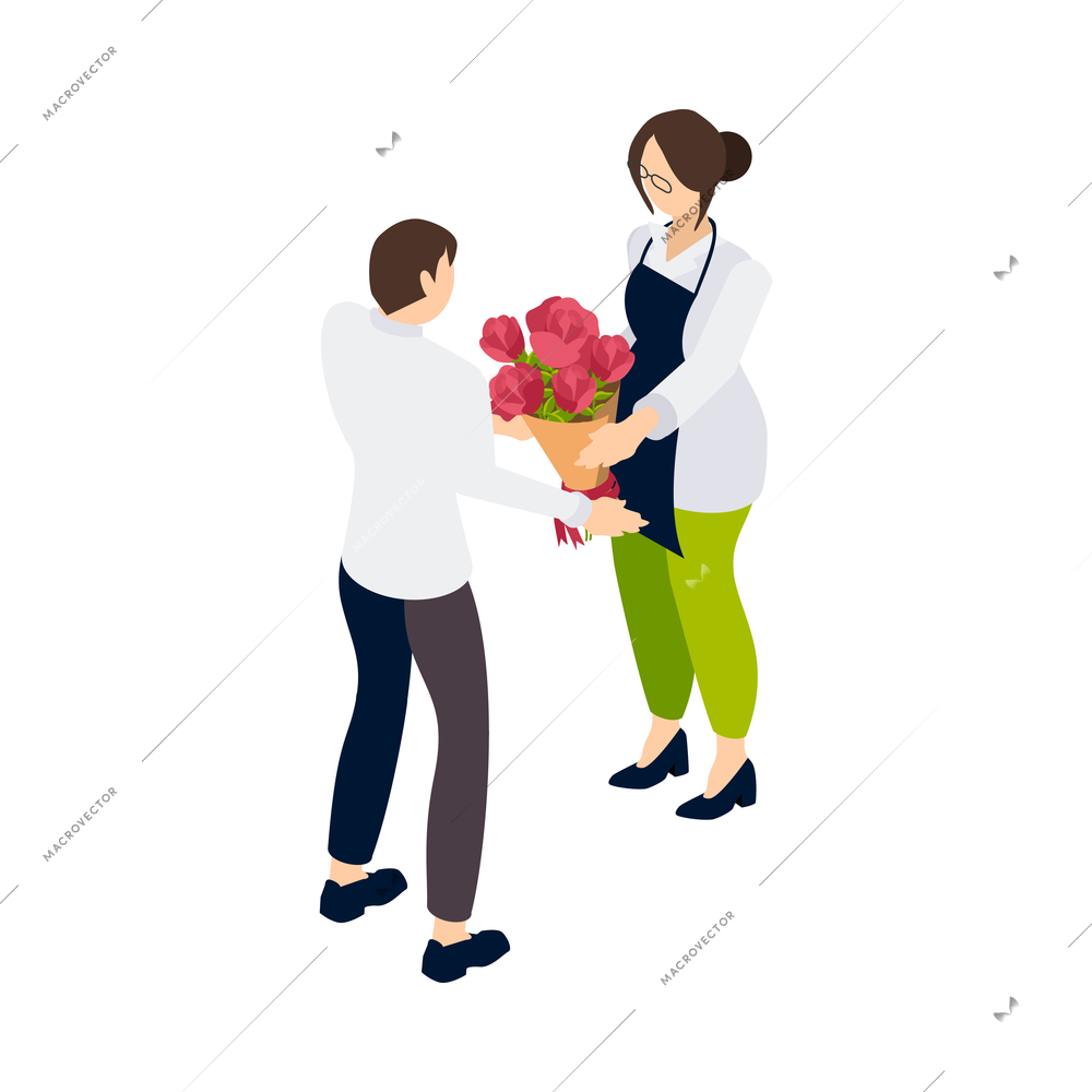 Flower shop florist icons isometric composition with female character of florist selling flowers to male customer vector illustration