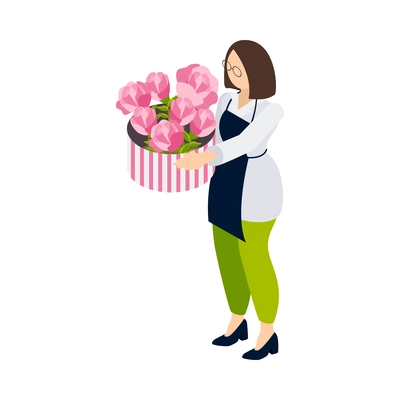 Flower shop florist icons isometric composition with female character of florist holding gift box of flowers vector illustration