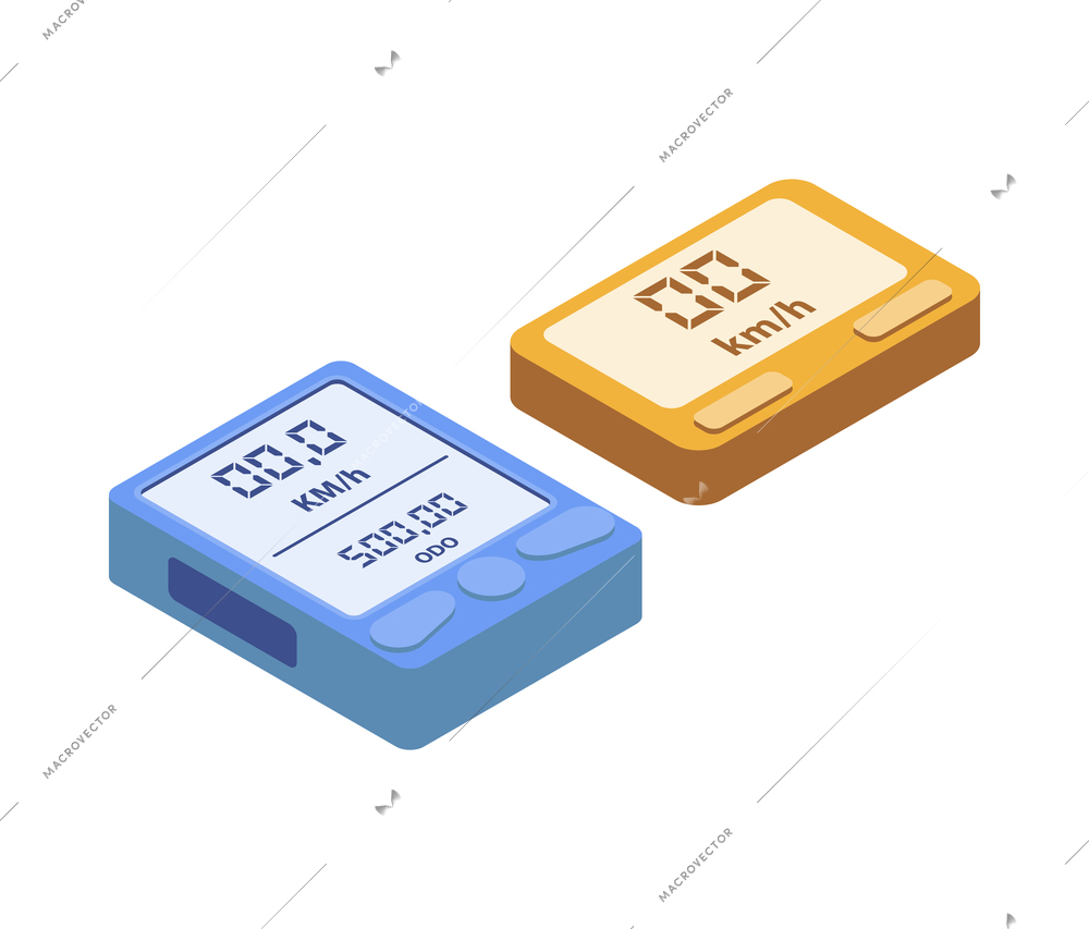 Isometric bicycle bike composition with isolated images of cycling computers vector illustration