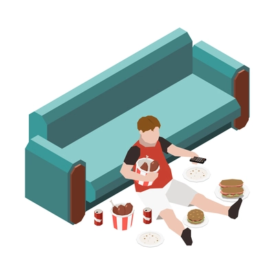 Gluttony obsessive people isometric composition with teenage boy eating junk food watching tv vector illustration