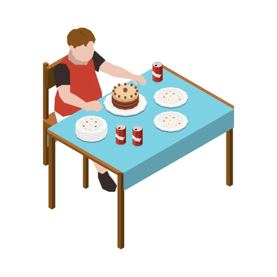 Gluttony obsessive people isometric composition with teenage boy eating sweets drinking cola vector illustration