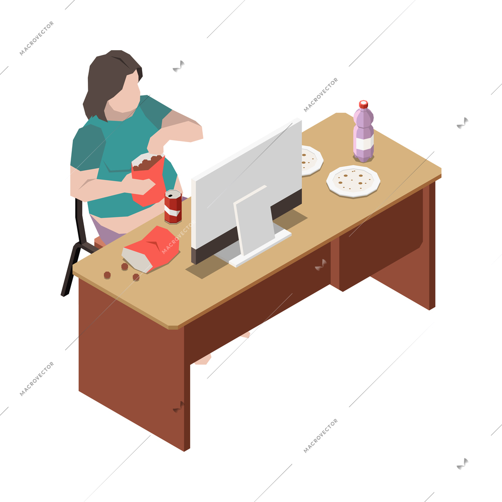 Gluttony obsessive people isometric composition with human character eating junk food at computer table vector illustration