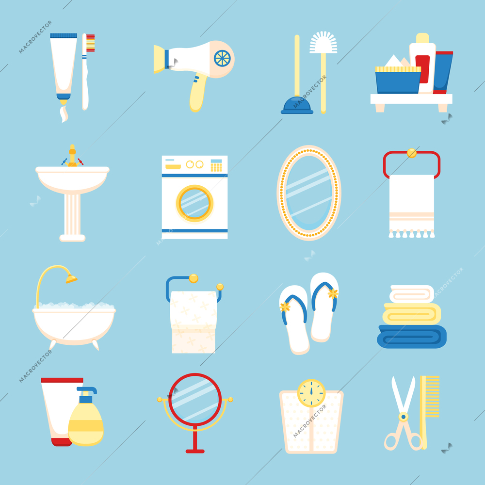 Bathroom icons colored set with toothpaste and brush hairdryer isolated vector illustration