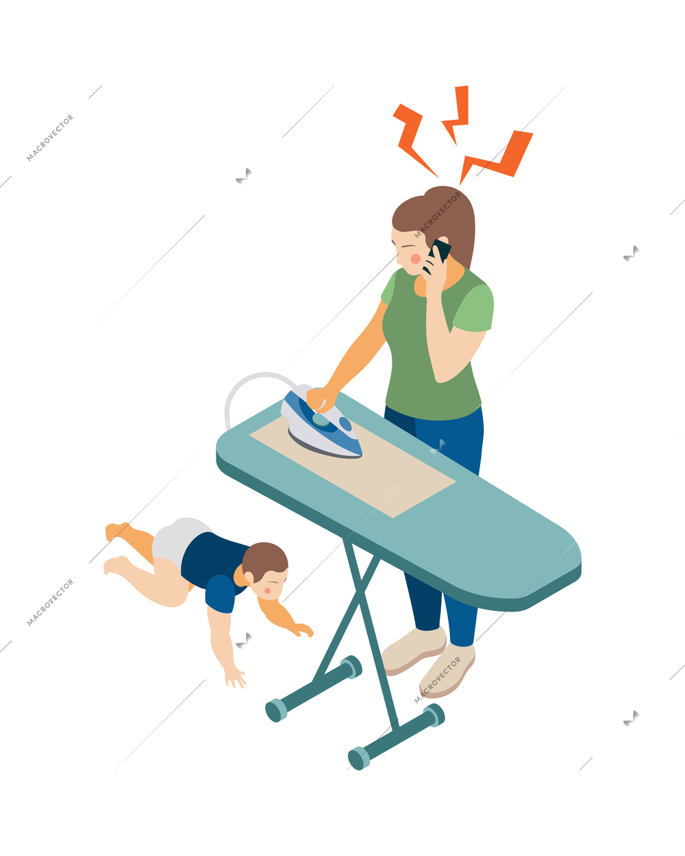 Depression stress isometric icons composition with isolated woman and child on blank background vector illustration