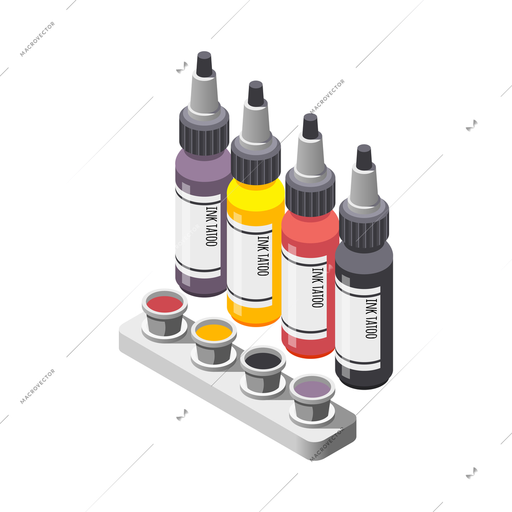 Tattoo studio isometric icons composition with view of ink vials for making colorful tattoo vector illustration