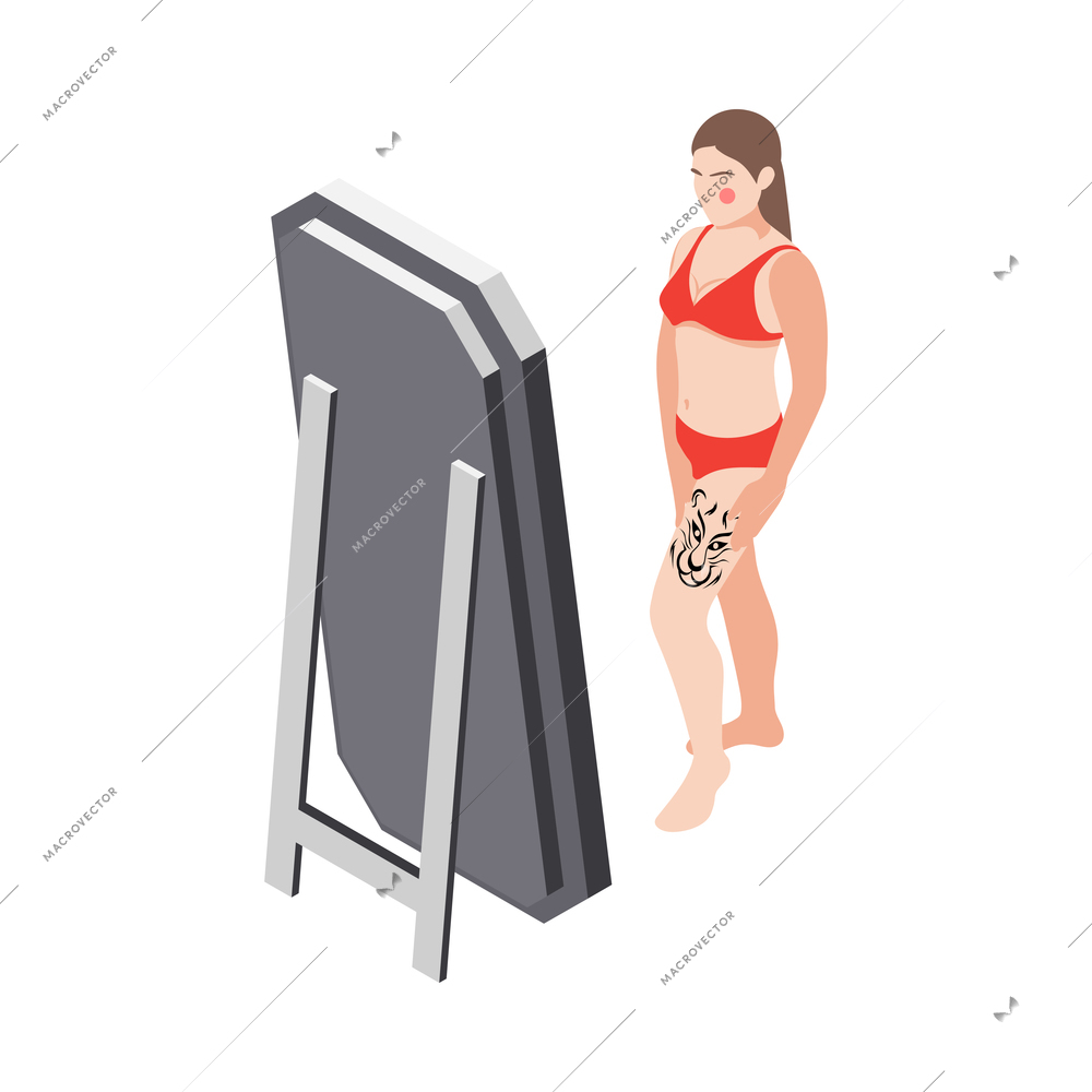 Tattoo studio isometric icons composition with human character of tattooed client looking in mirror vector illustration