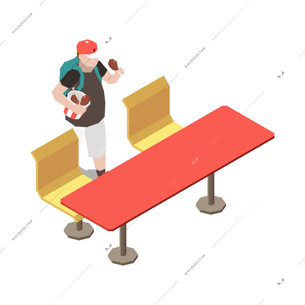 Gluttony obsessive people isometric composition with teenager eating junk food in restaurant vector illustration