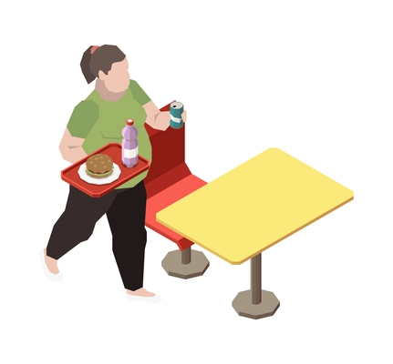 Gluttony obsessive people isometric composition with fat woman coming to fast food restaurant vector illustration