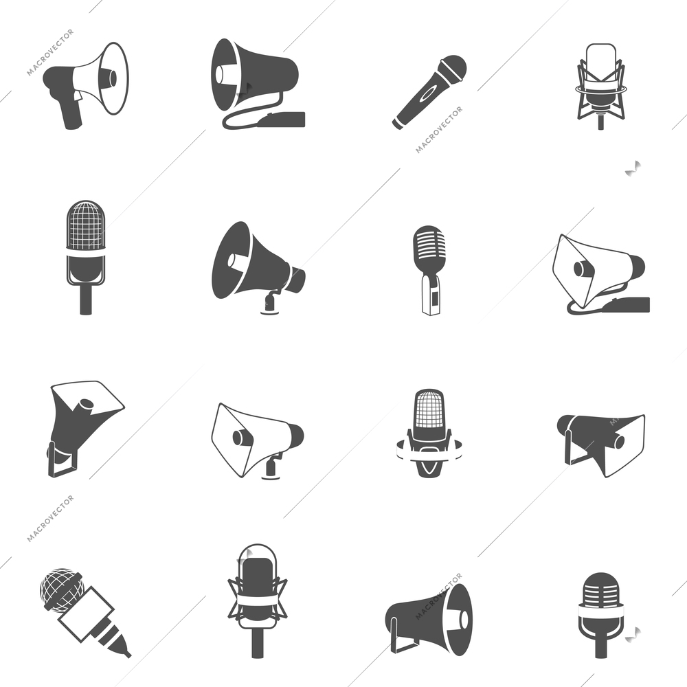 Microphone and megaphone vintage sound audio studio communication equipment black icon set isolated vector illustration