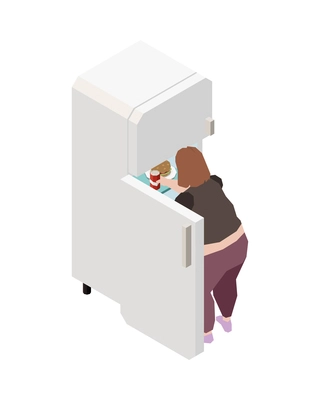 Gluttony obsessive people isometric composition with female character looking into fridge vector illustration