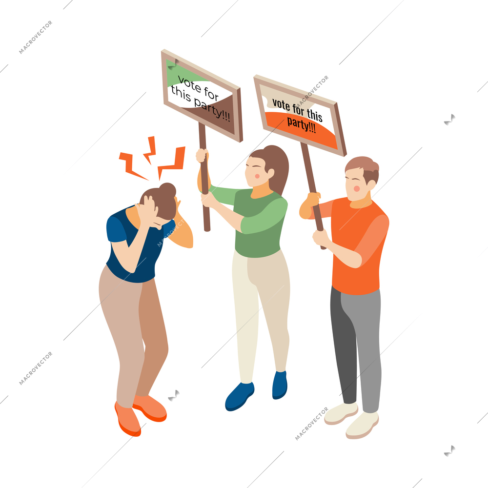 Depression stress isometric icons composition with isolated political activists on blank background vector illustration