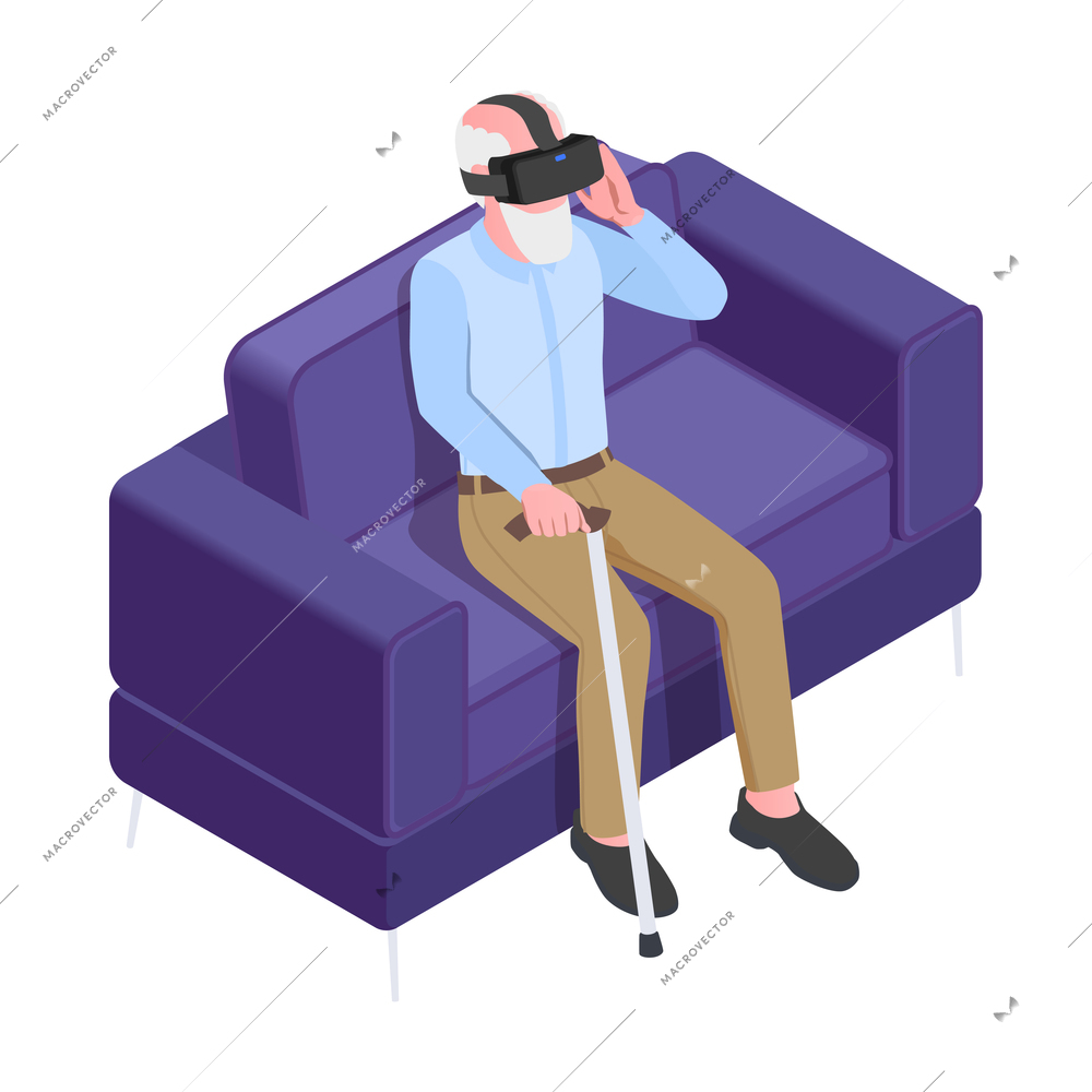 Virtual augmented reality isometric composition with male character of elderly man wearing vr helmet vector illustration