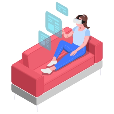 Virtual augmented reality isometric composition with woman sitting on sofa working with holographic windows vector illustration