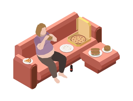 Gluttony obsessive people isometric composition with female character eating burgers and pizza on sofa vector illustration