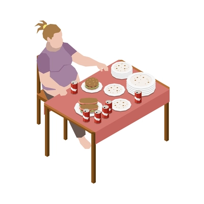 Gluttony obsessive people isometric composition with female character sitting at table with burgers and cola cans vector illustration