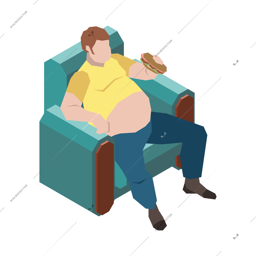 Gluttony obsessive people isometric composition with character of fat man eating in armchair vector illustration