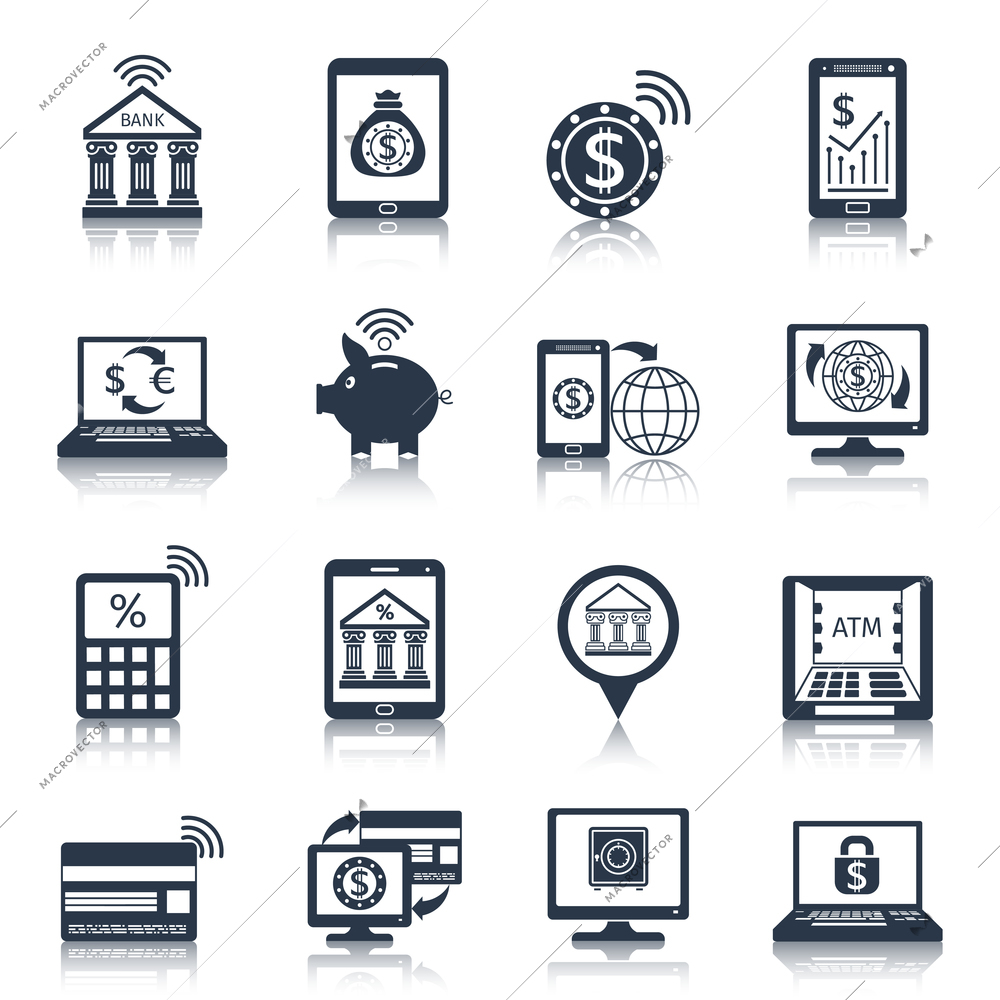 Mobile banking black icons set with phone payment digital transfer e-commerce customer services isolated vector illustration