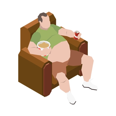 Gluttony obsessive people isometric composition with fat man sitting in armchair eating junk food vector illustration