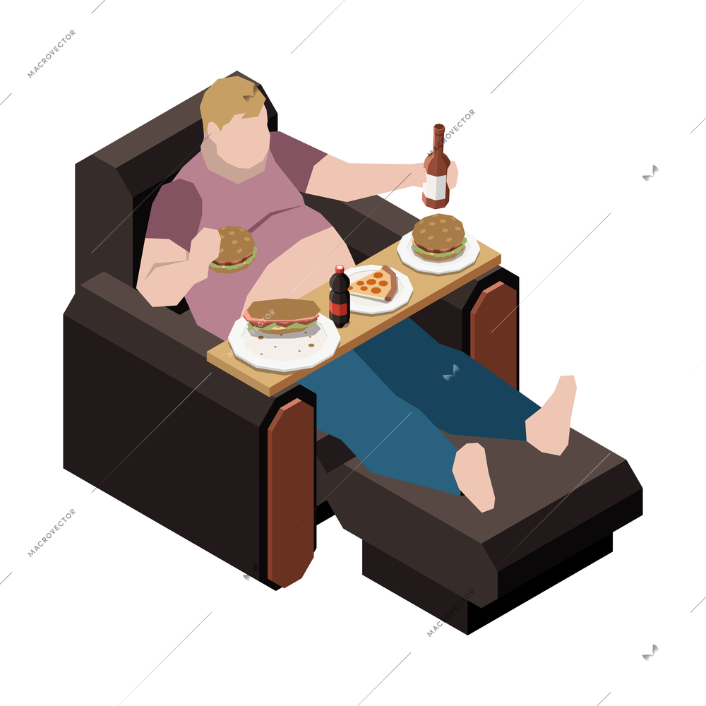 Gluttony obsessive people isometric composition with fat man having dinner in armchair with junk food vector illustration