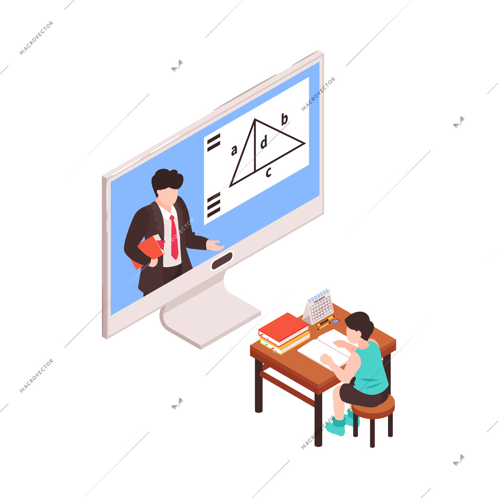 Isometric family homeschooling composition with remote mathematics teacher and child at desk vector illustration