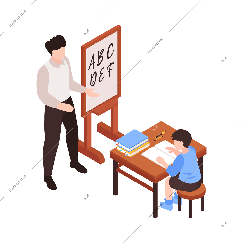 Isometric family homeschooling composition with father at blackboard with letters and child at desk vector illustration