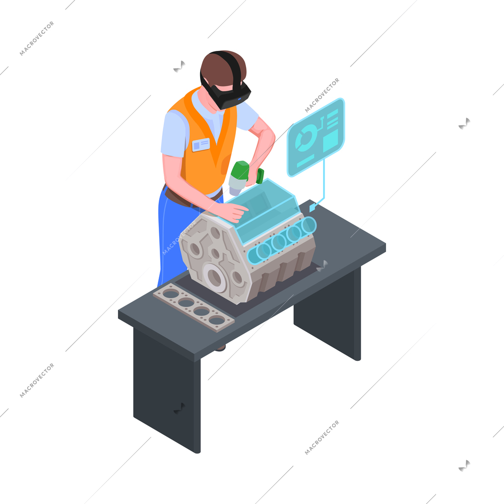 Virtual augmented reality isometric composition with man assembling motor with holographic tips vector illustration