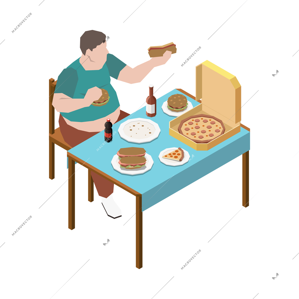 Gluttony obsessive people isometric composition with fat man eating pizza hotdogs drinking beer vector illustration