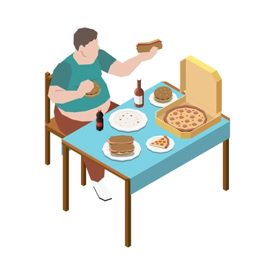 Gluttony obsessive people isometric composition with fat man eating pizza hotdogs drinking beer vector illustration