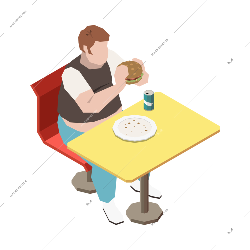 Gluttony obsessive people isometric composition with fat man eating burger in fast food restaurant vector illustration