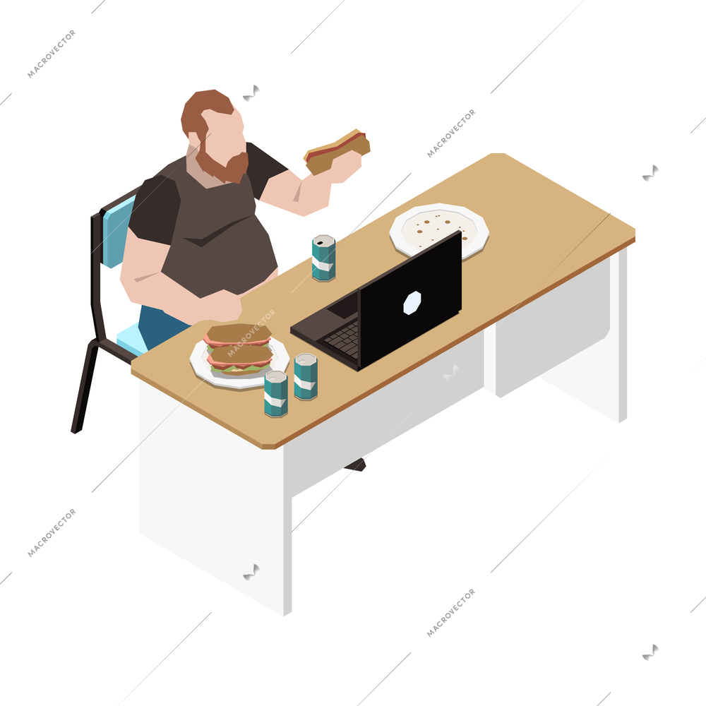 Gluttony obsessive people isometric composition with male character eating junk food at table with laptop vector illustration