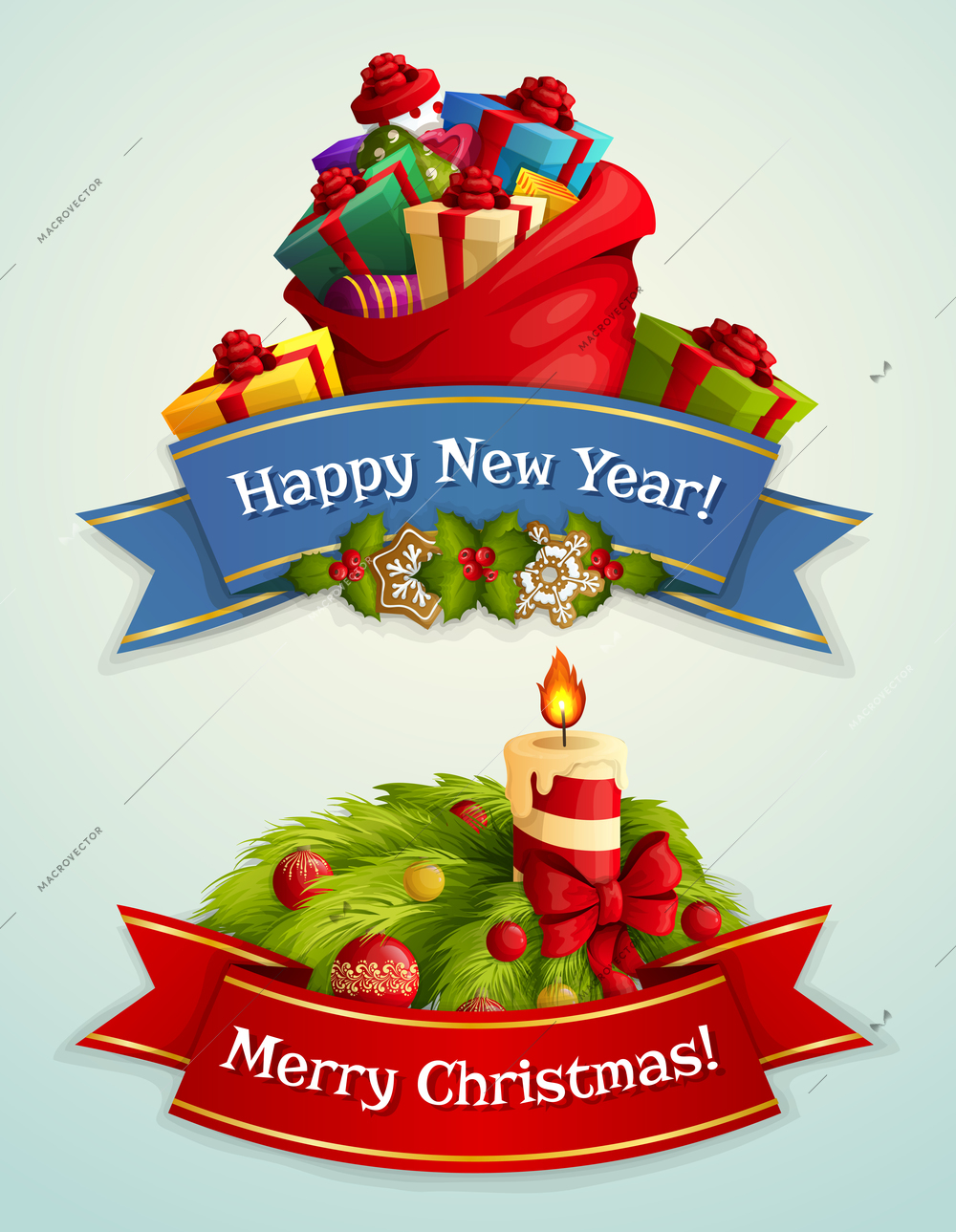 Merry christmas and happy new year ribbon banner set with gift boxes candle and traditional decoration isolated vector illustration