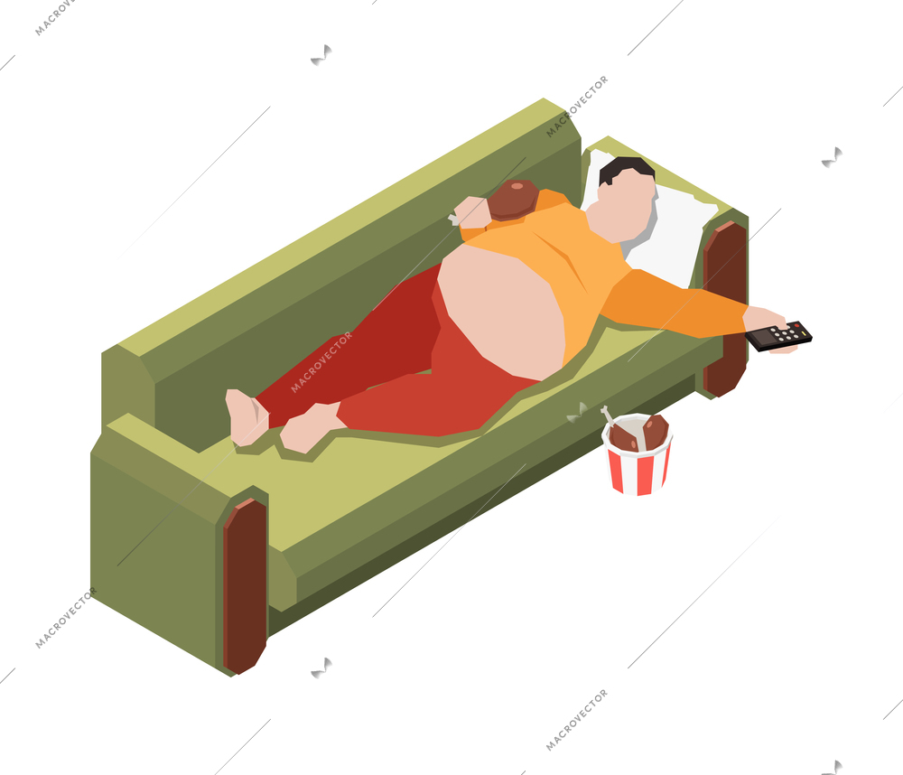 Gluttony obsessive people isometric composition with fat man lying on sofa eating junk food while watching tv vector illustration