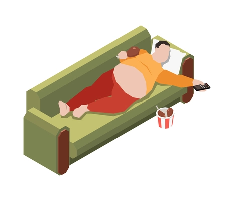 Gluttony obsessive people isometric composition with fat man lying on sofa eating junk food while watching tv vector illustration