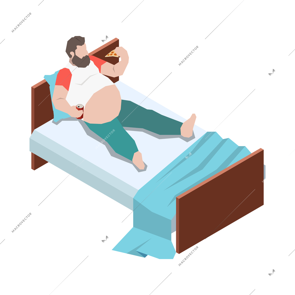 Gluttony obsessive people isometric composition with fat man lying in bed eating pizza with cola vector illustration