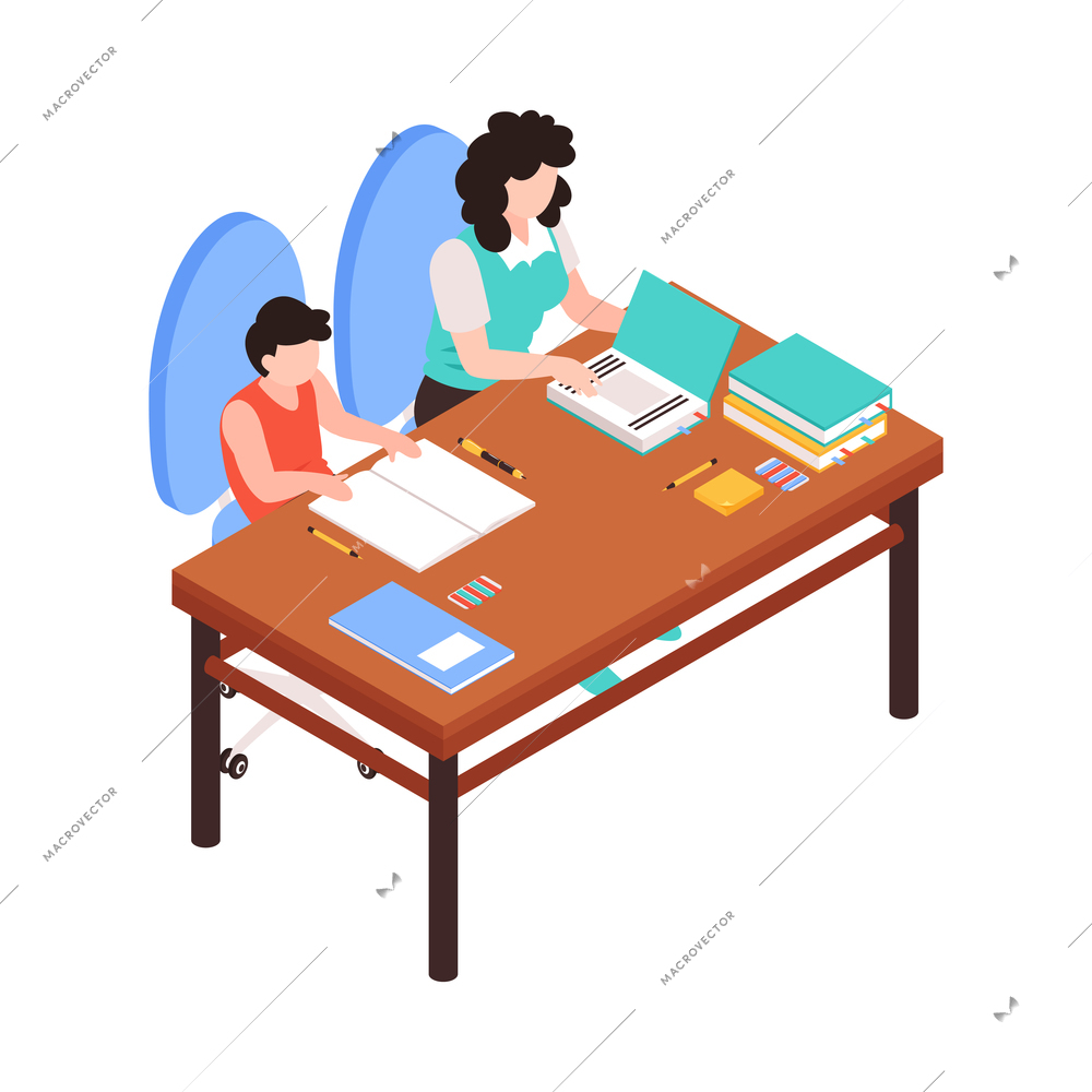 Isometric family homeschooling composition with son and mother sitting at table with copybooks vector illustration