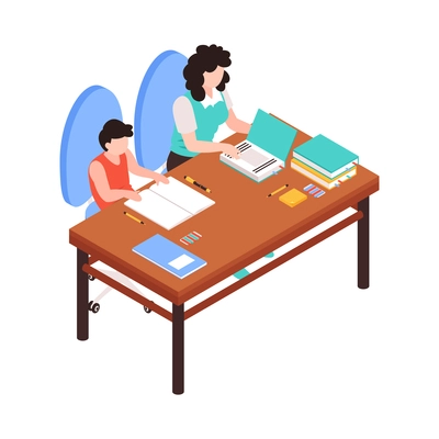 Isometric family homeschooling composition with son and mother sitting at table with copybooks vector illustration