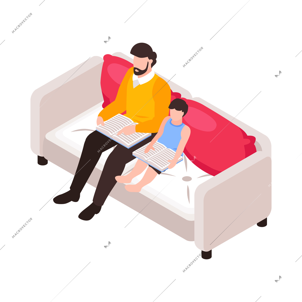 Isometric family homeschooling composition with father and child sitting on sofa reading books vector illustration