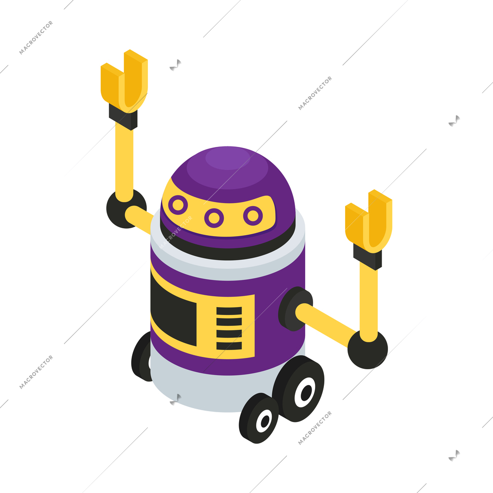 Isometric artificial intelligence composition with isolated image of robot with wheels and arm manipulators vector illustration