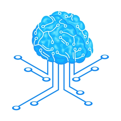 Isometric artificial intelligence composition with isolated image of human brain with electronic circuitry vector illustration