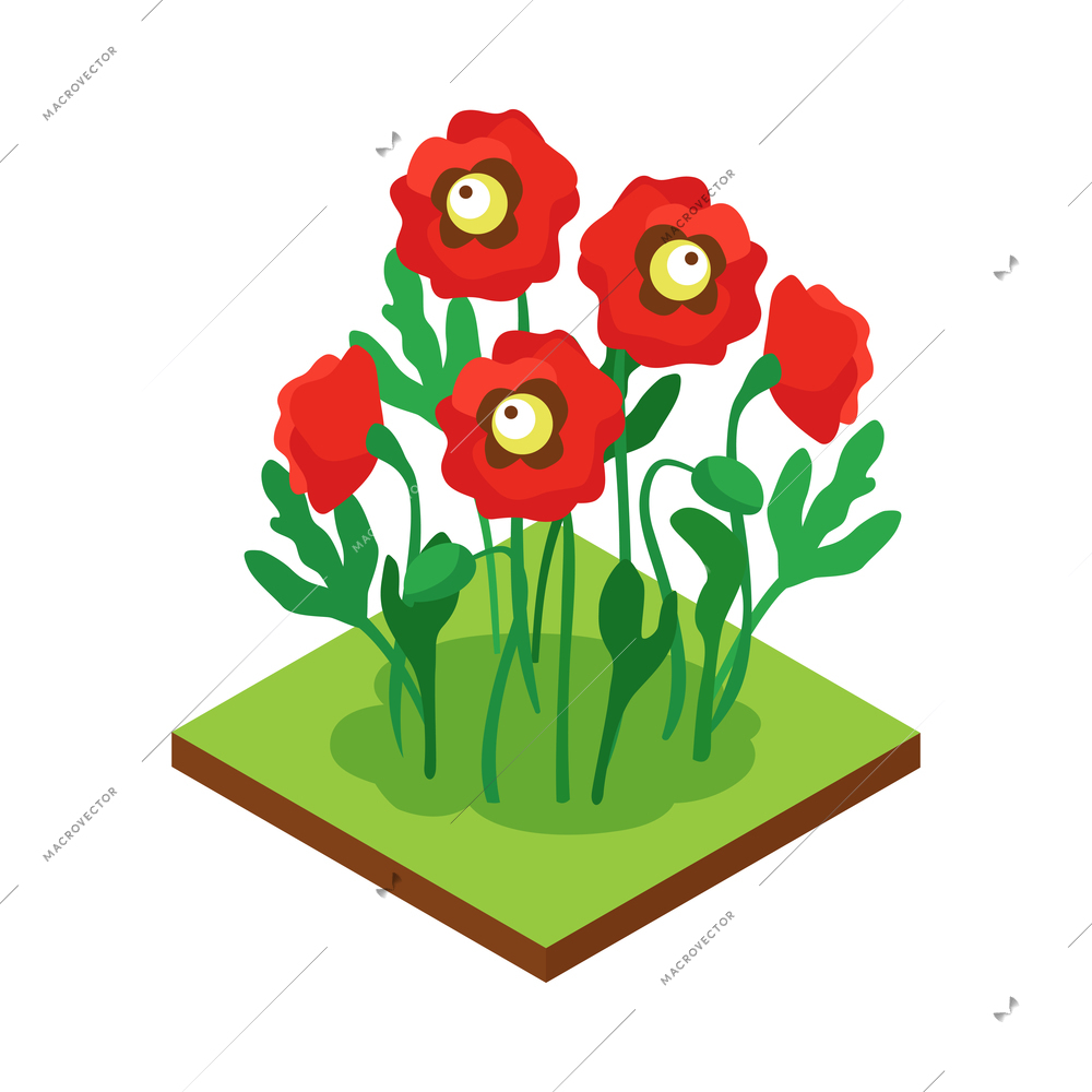 Isometric forest park nature element composition with rectangular platform and red flowers vector illustration