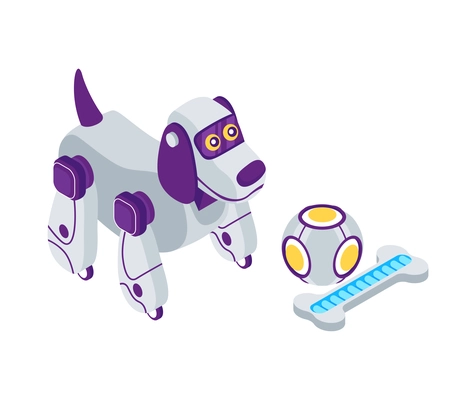 Isometric artificial intelligence composition with isolated image of robot dog with bone and ball vector illustration