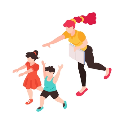 Isometric family homeschooling composition with mother with book chasing kids running away vector illustration