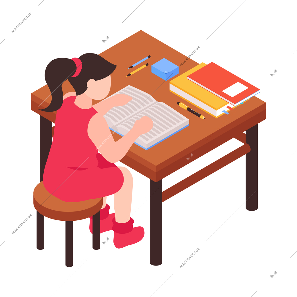 Isometric family homeschooling composition with character of teenage girl sitting at desk with copybooks vector illustration