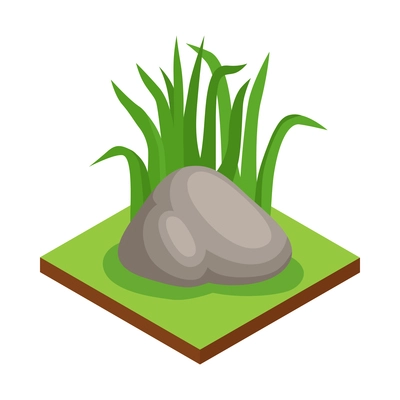 Isometric forest park nature element composition with rectangular platform and grass with stone vector illustration