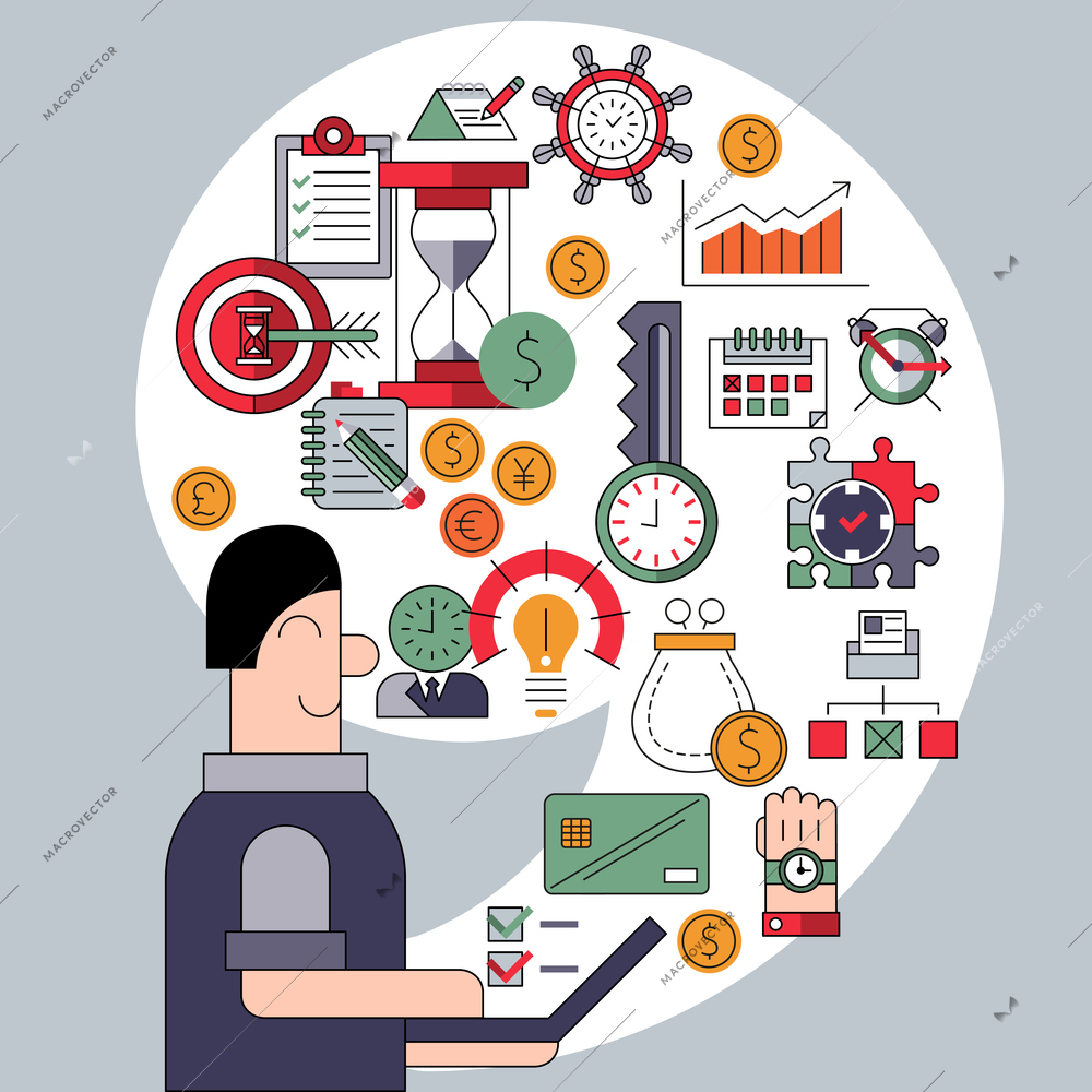 Time management flat concept with person with laptop and planning icons set vector illustration