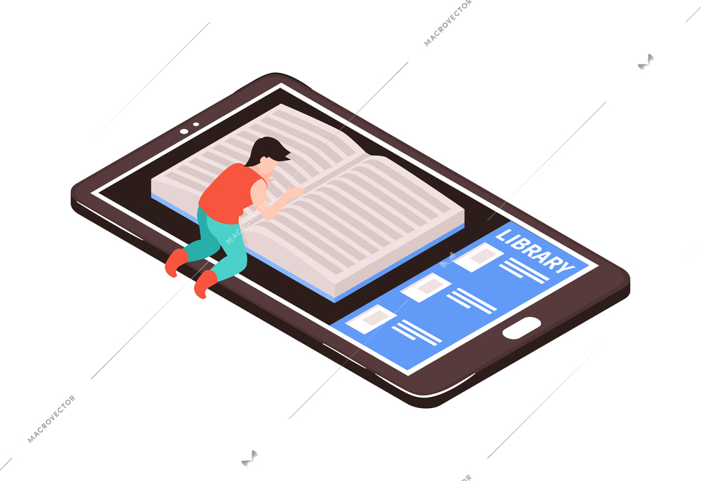 Isometric family homeschooling composition with teenage boy looking in book on top of tablet vector illustration